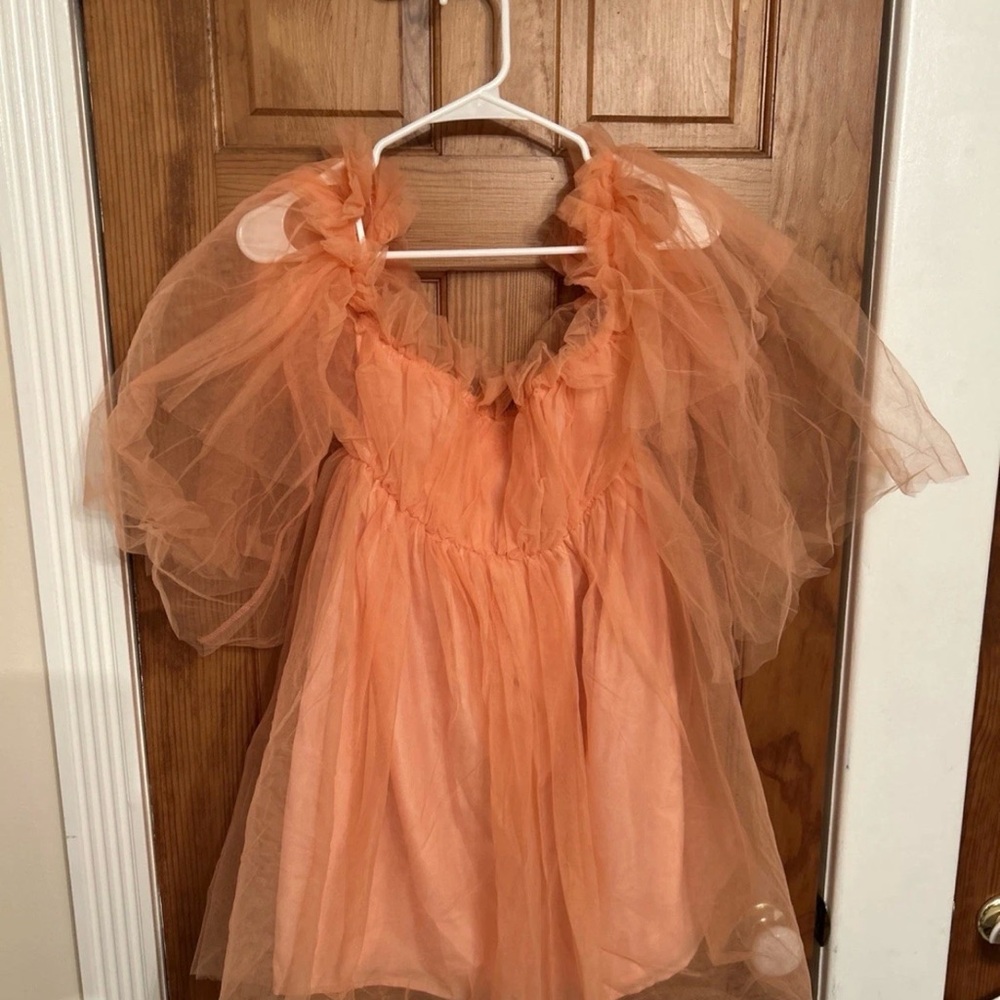 Peach Tulle Puff Sleeve Mini Dress whimsical fairy rave Fairycore enchanted
